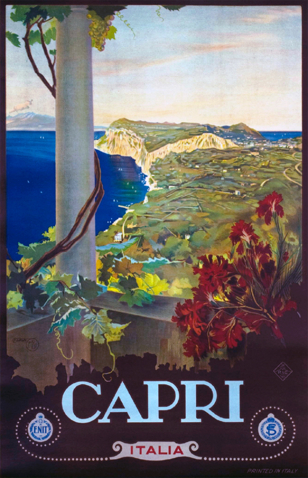 Ein Plakat, das eine Weinprobe in Capri, Italien, ankündigt, mit einem Baum mit saftig grünen Blättern, einer Säule, einem Gewässer, sanften Hügeln und einem strahlend blauen Himmel, mit Text, der die Weinprobe beschreibt.