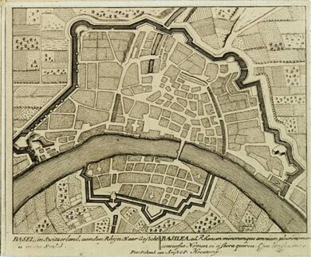 Ein altes Pariser Stadtplan von Frankreich mit der Seine als Fluss hindurch und Text unten, der "Basel, in der Schweiz" lautet.