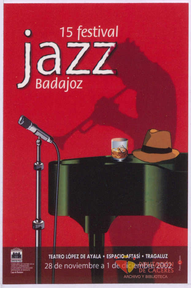 Plakat für das 15. Festival Jazz Badajoz mit einem Mikrofon, einem Hut und einem Glas auf einem Tisch mit Text, der Festivaldetails enthält.