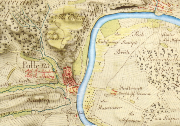Ausführliches altes Stadtplan von Polle, Deutschland, der Straße, Gebäude und einen Fluss durch die Stadt darstellt.
