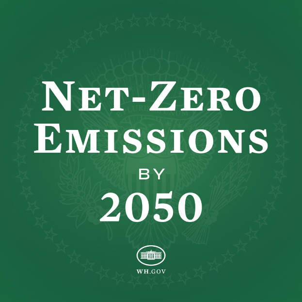 Grüner Hintergrund mit fetter weißer Schrift, die 'net-zero emissions by 2050.' lautet.