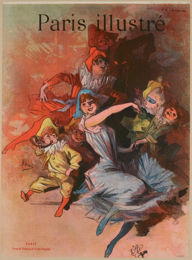 Ein Vintage-Paris-Illustre-Magazin-Cover mit einer Abbildung einer tanzenden Gruppe von Menschen, mit Text, der den Inhalt des Magazins beschreibt.