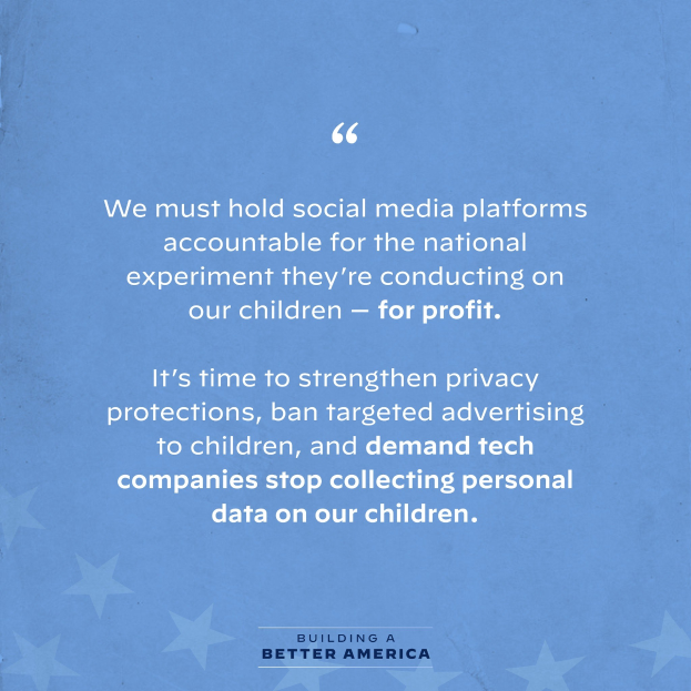 Plakat mit einem Zitat aus "Building a Better America", das besagt: "Wir müssen die sozialen Medien-Plattformen für das nationale Experiment zur Rechenschaft ziehen, das sie an unseren Kindern durchführen - zum Profit.", geschmückt mit Sternen.
