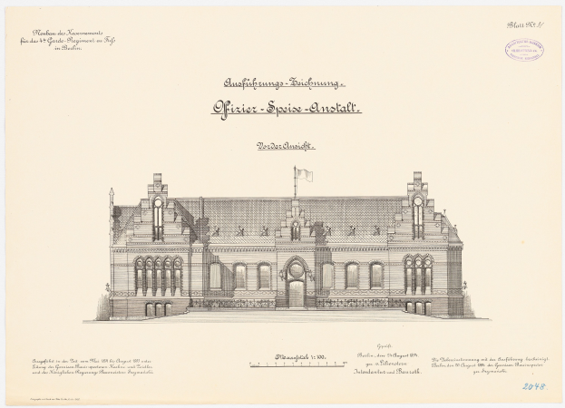 Eine Zeichnung des Hauptsaals des Deutschen Bundestages in Berlin mit einer Flagge darauf, begleitet von Text auf dem Papier.