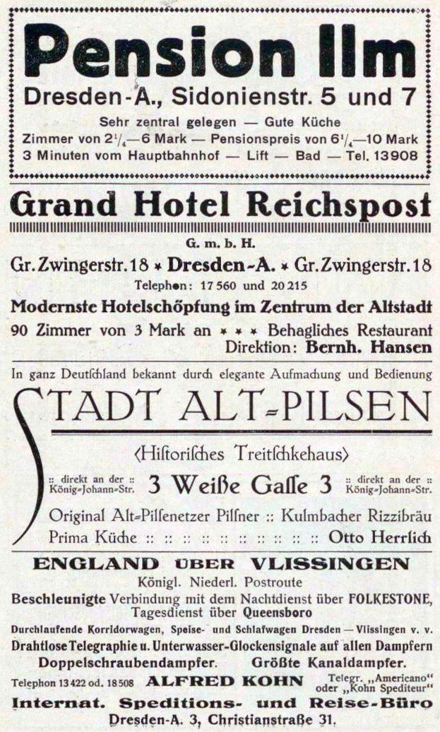 Schwarz-weiß-Anzeige für das Pensionshaus in Dresden, Deutschland, gedruckt im Stil einer alten Zeitung.
