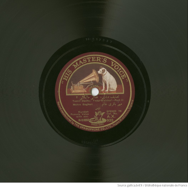 Eine schwarze Schallplatte mit einem Etikett, das "His Master's Voice" lautet, eingerahmt von einem schwarzen Rand.