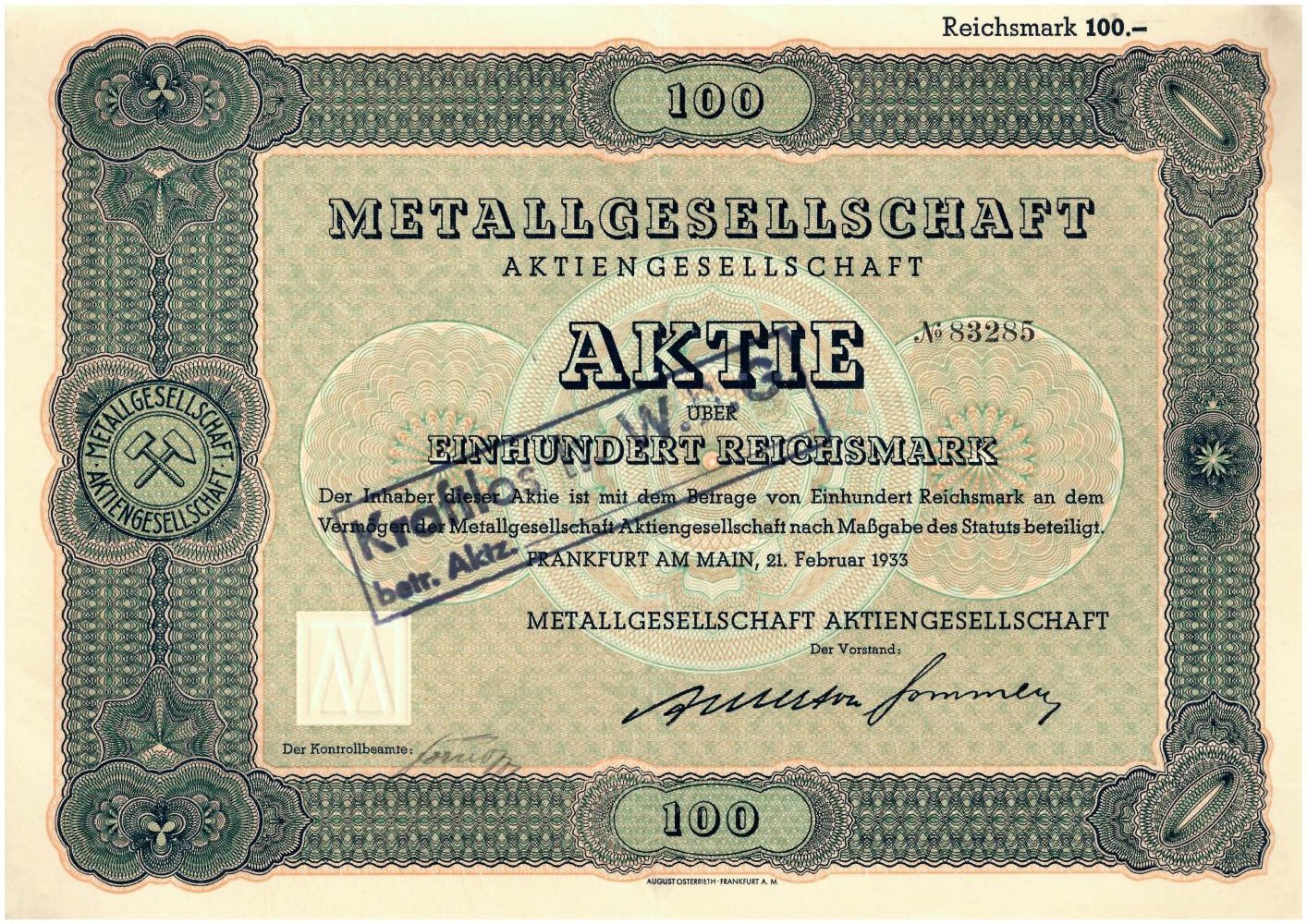 Alte deutsche 100 Reichsmark-Banknote von 1933 mit 'Metallgesellschaft Aktie'-Text darauf gedruckt.