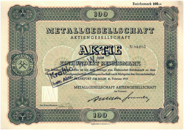 Alte deutsche 100 Reichsmark-Banknote von 1933 mit 'Metallgesellschaft Aktie'-Text darauf gedruckt.