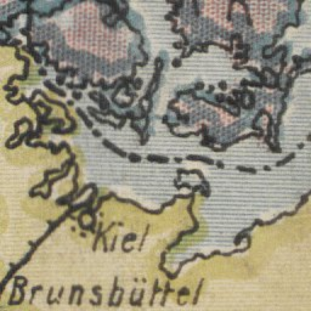 Eine detaillierte Karte Deutschlands in Blau-, Grün-, Gelb- und Weißtönen, mit der fettgedruckten Beschriftung "Kiel Brunsbüttel" in der Mitte, die geografische Merkmale wie Berge, Flüsse und Städte hervorhebt.