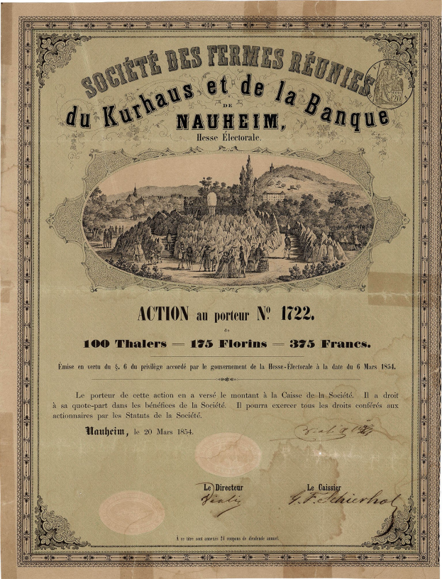 Altes Aktienzertifikat mit Gruppenporträt und Text, das wahrscheinlich die beteiligten Parteien darstellt.