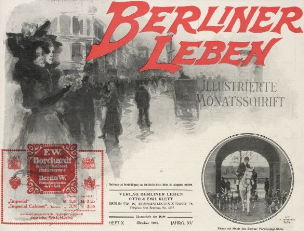 Eine nostalgische deutsche Zeitungsanzeige für "Berliner Leben" mit einer Gruppe von Menschen, hohen Gebäuden und einer Brücke im Hintergrund.