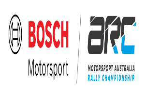 Die Logos von Bosch Motorsport und Motorsport Australia Rally Championship sind in der Mitte eines weißen Hintergrunds zu sehen, mit den Wörtern "Bosch Motorsport" und "Australia Rally Championship" in fetter schwarzer Schrift darüber.