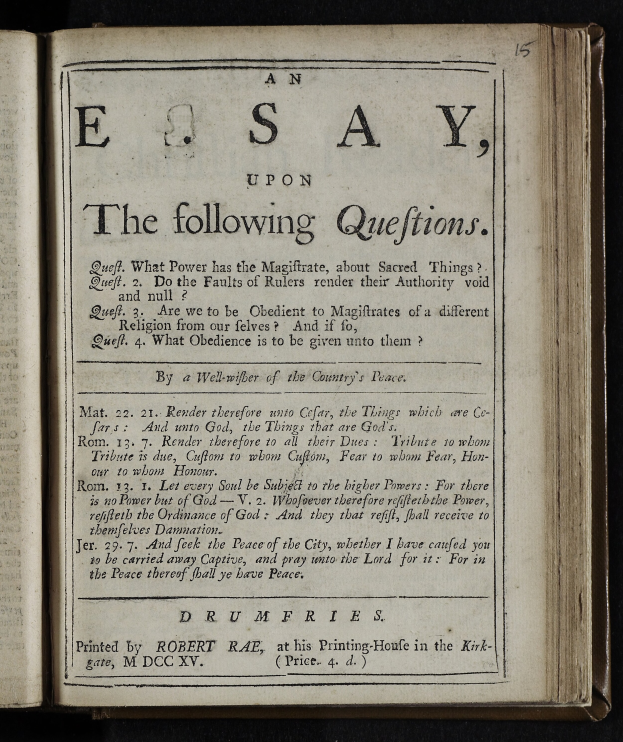 Ein aufgeschlagenes Buch mit den Worten "ein Essay über die folgenden Fragen" darauf gegen einen schwarzen Hintergrund.