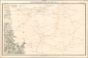 Ein altes Stadtplan von Hessen, Deutschland, gerahmt in einem Fotorahmen mit Text oben und unten auf dem Papier.