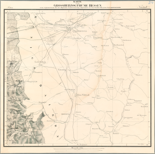 Ein altes Stadtplan von Hessen, Deutschland, gerahmt in einem Fotorahmen mit Text oben und unten auf dem Papier.
