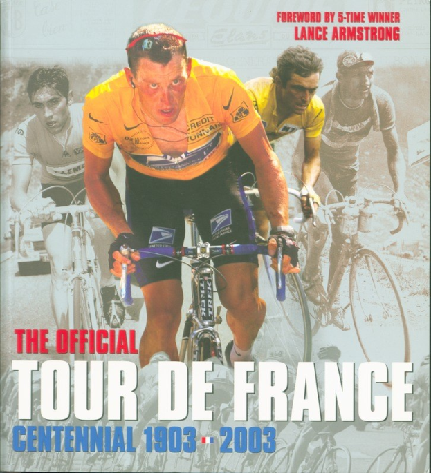 Offizielles Tour de France-Jubiläumsplakat 1903-2003 mit einer Gruppe von Rädern und Text mit Veranstaltungshinweisen.