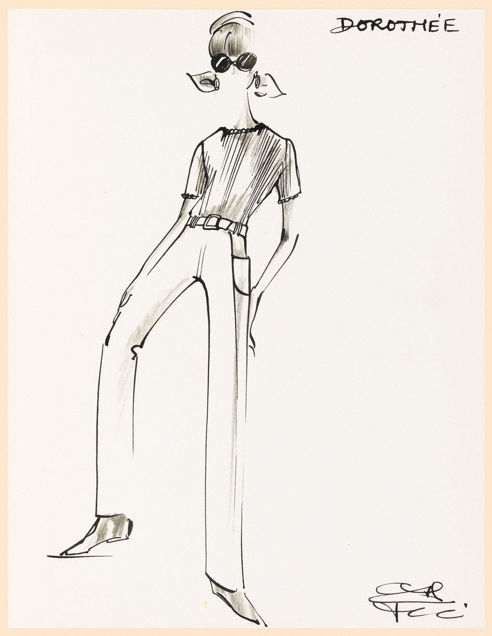 Eine realistische Skizze einer Frau in einem hellfarbenen hochgeschlossenen Kleid mit langen Ärmeln und schwarzen High Heels, die eine Sonnenbrille trägt und einen sleeken Bob hat, der selbstbewusst mit einem konzentrierten Blick posiert.