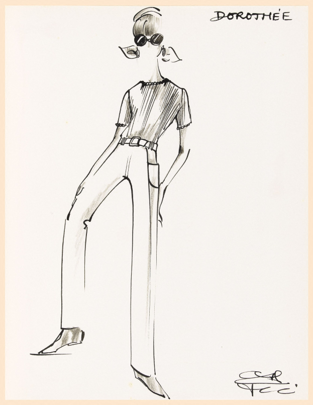 Eine realistische Skizze einer Frau in einem hellfarbenen hochgeschlossenen Kleid mit langen Ärmeln und schwarzen High Heels, die eine Sonnenbrille trägt und einen sleeken Bob hat, der selbstbewusst mit einem konzentrierten Blick posiert.