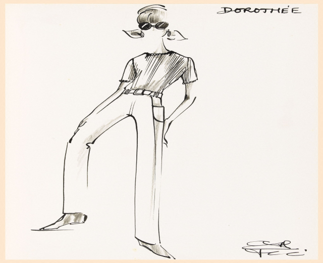 Eine realistische Skizze einer Frau in einem hellfarbenen hochgeschlossenen Kleid mit langen Ärmeln und schwarzen High Heels, die eine Sonnenbrille trägt und einen sleeken Bob hat, der selbstbewusst mit einem konzentrierten Blick posiert.