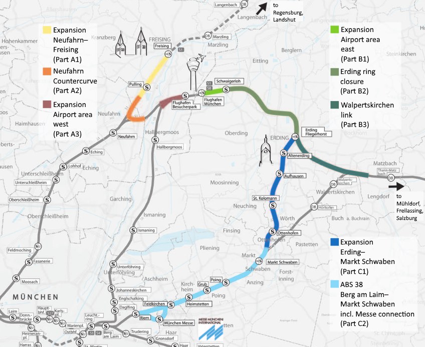 Ein detaillierter Stadtplan mit einer hervorgehobenen Zugroute von München nach Frankfurt, einschließlich Haltestellen und umliegender Gebiete, mit zusätzlichen Zuginformationen.