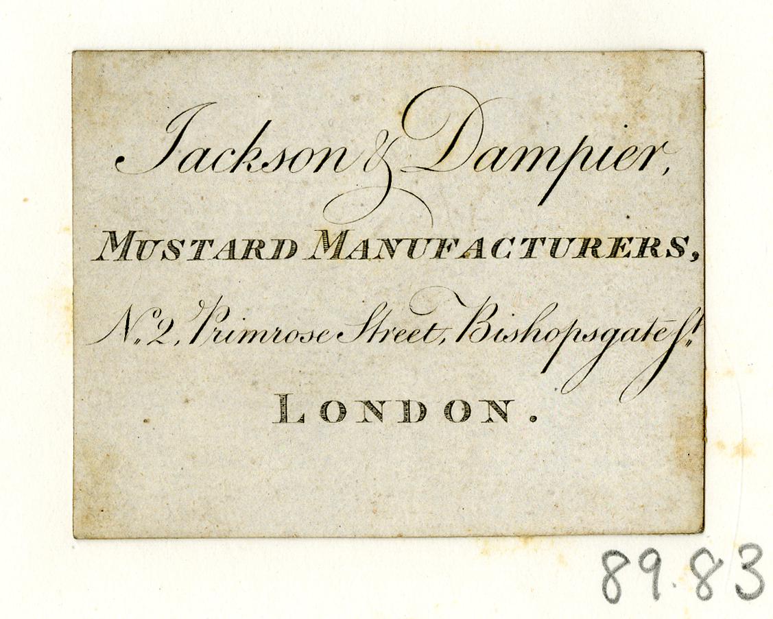 Eine alte Visitenkarte für Jackson & Damper Senfhersteller, gelegen an Nr. 2, Primrose Street, Bishopgate, London.