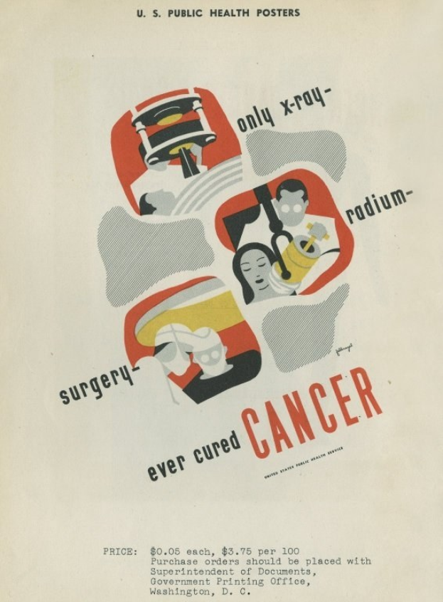 Plakat mit einem Mann in einem weißen Laborkittel und Stethoskop, der entschlossen aussieht, vor einem hellrosa Hintergrund mit großer weißer Schrift, die "Chirurgie Hat Je Krebs Geheilt."