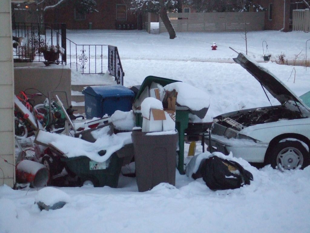 Eine Außenansicht mit Müll in der Mitte, einem Auto rechts, Treppen links, Bäumen oben und Eis am Boden.