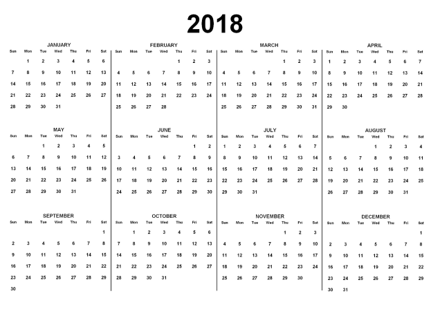 Ein Schwarz-Weiß-Kalender für das Jahr 2018, der die Feiertage der USA zeigt, mit den Tagen in Wochen organisiert und den Feiertagen in fetter schwarzer Schrift auf einem weißen Hintergrund.