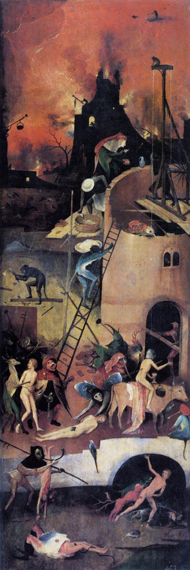 Ein detailliertes Gemälde einer chaotischen Szene mit zahlreichen Figuren, Tieren, Leitern und Gebäuden, das "Der Fall der Aufständischen Engel" von Hieronymus Bosch darstellt.
