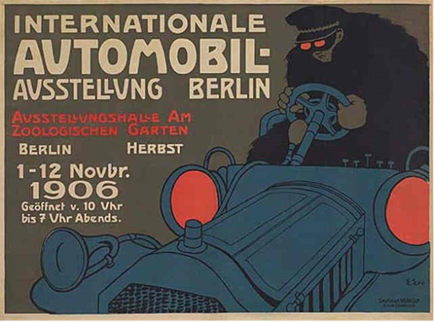 Ein Plakat, das eine internationale Automesse in Berlin ankündigt und eine Karikatur eines Menschen zeigt, der ein Auto fährt, sowie Text.