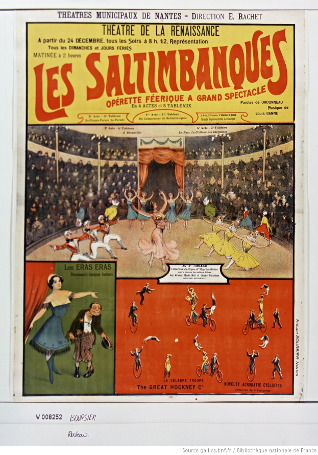 Ein buntes Plakat für das Musical 'Les Saltimbanques' im Theatre de la Renaissance, das eine Zirkusszene mit Künstlern, den Titel in fetter Schrift oben und eine kurze Beschreibung sowie eine Liste der Künstlernamen zeigt.