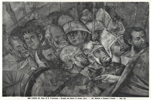 Eine Schwarz-Weiß-Zeichnung einer Gruppe verzweifelter Männer in einer Menge, einige schauen ängstlich nach oben, andere verwirrt nach unten, mit Text, der eine Schlachtenszene anzeigt.