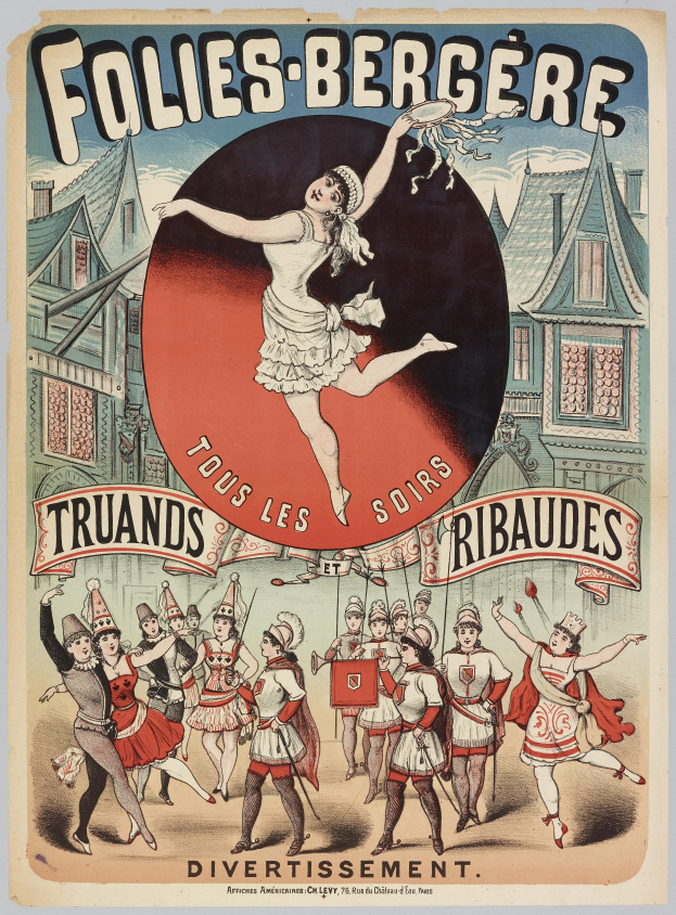 Ein Plakat, das eine Tanzshow in Paris ankündigt, zeigt eine Gruppe von Menschen im Vordergrund, die tanzen, mit Gebäuden im Hintergrund und Text, der die Show beschreibt.