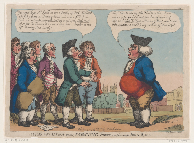 Cartoon depicting a group of people in front of a building, trees, and sky, with text at the bottom reading 'odd fellows from downing street complaining to John Bull'.