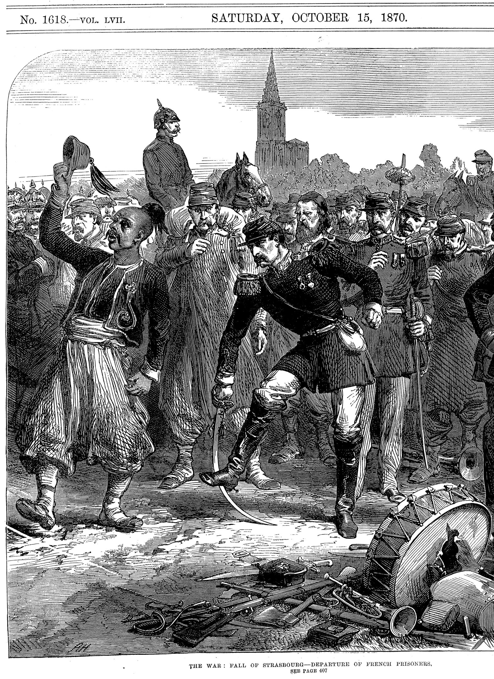 Schwarz-weiß-Illustration einer besorgten Gruppe von Menschen, die vor einem hohen, imposanten Gebäude während des Sachsen-Anhalt-Krieges am 15. Oktober 1870 unter einer untergehenden Sonne stehen.