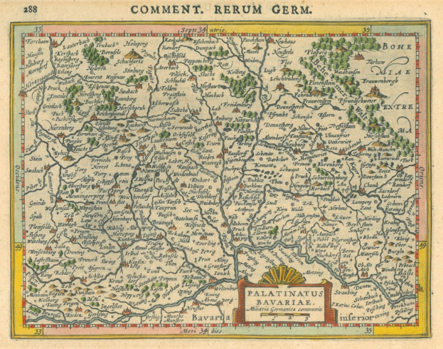 Eine alte Deutschlandkarte mit den Provinzen Pfalz und Bayern deutlich sichtbar, mit zusätzlichem Text.
