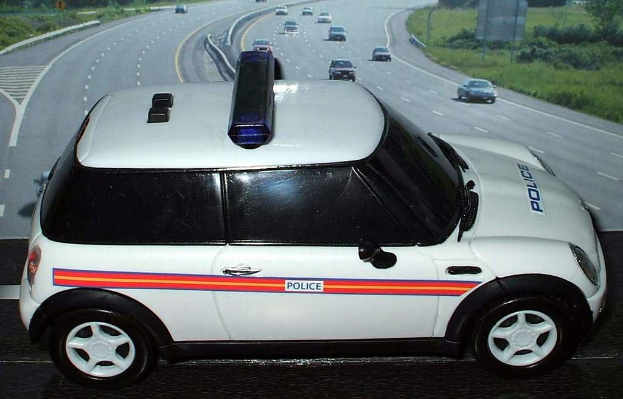Ein weißer Polizeiwagen ist im Vordergrund geparkt, mit mehreren Autos, die sich auf der Straße dahinter bewegen, umgeben von Gras und Bäumen auf beiden Seiten.