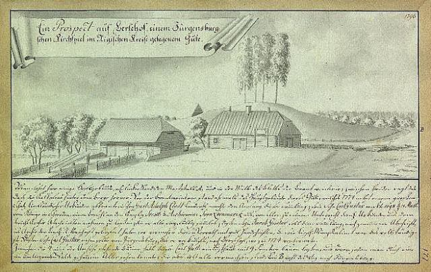 Ein verblichenes Dokument mit der Aufschrift "Surgensburg, Deutschland - Landschaft eines Hofes" zeigt eine ländliche Szene mit einem zentralen Bauernhof, Nebengebäuden, Bäumen und Häusern in der Ferne unter einem bewölkten Himmel.