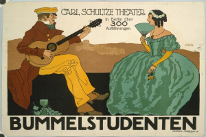 Ein Plakat wirbt für ein Konzert im Carl-Schulze-Theater in Berlin, Deutschland, das einen Mann mit einer Gitarre und eine Frau mit einem Fächer zeigt, mit Text auf dem Plakat.
