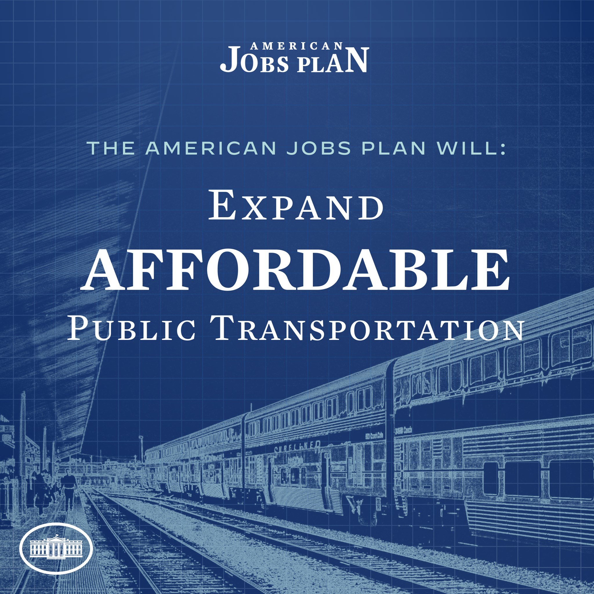 Plakat mit einem Zug auf einer Bahnstrecke mit mehreren Menschen in der Nähe, das Text über die Erweiterung des erschwinglichen öffentlichen Verkehrs unter 'The American Jobs Plan' enthält.