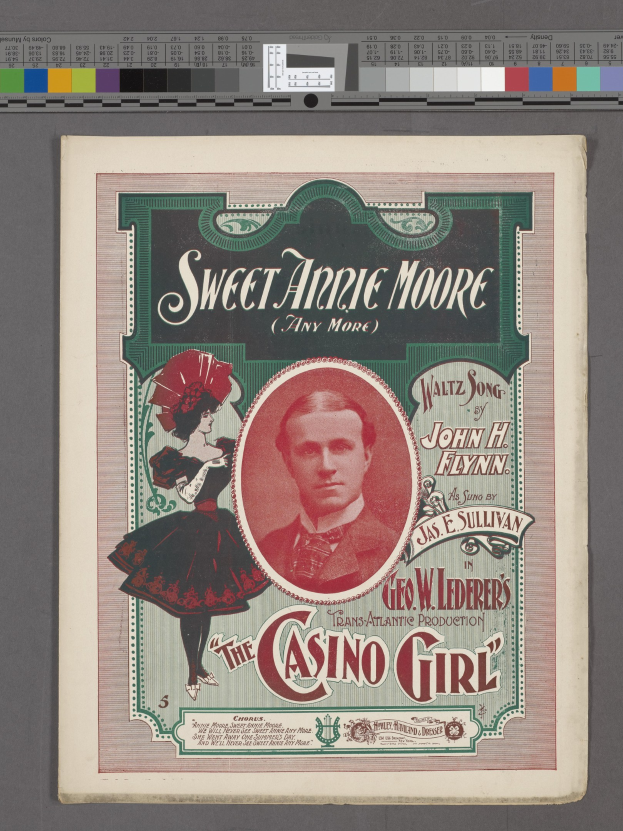Plakat für das Stück "Sweet Annie Moore und die Casino Girl" mit zwei Schauspielern und fetter Titeltext auf einem hellgelben Hintergrund.