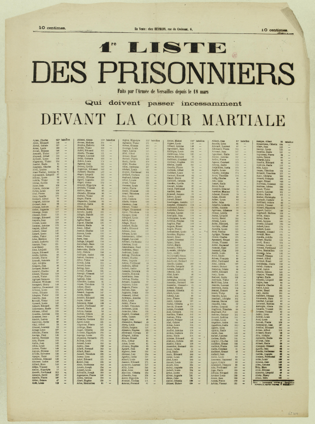 Eine alte, gelbliche Zeitung mit einer Liste von Gefangenen in zwei Spalten, eine für die Gefangenen-Nummern und eine für die Namen, auf einem hellen cremefarbenen Hintergrund.