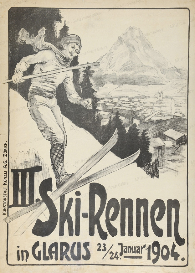 Ein Vintage-Plakat wirbt für ein Ski-Resort in Glarus, Schweiz, mit einem Skifahrer umgeben von Bäumen, Häusern und Bergen, sowie Text mit Resort-Informationen.