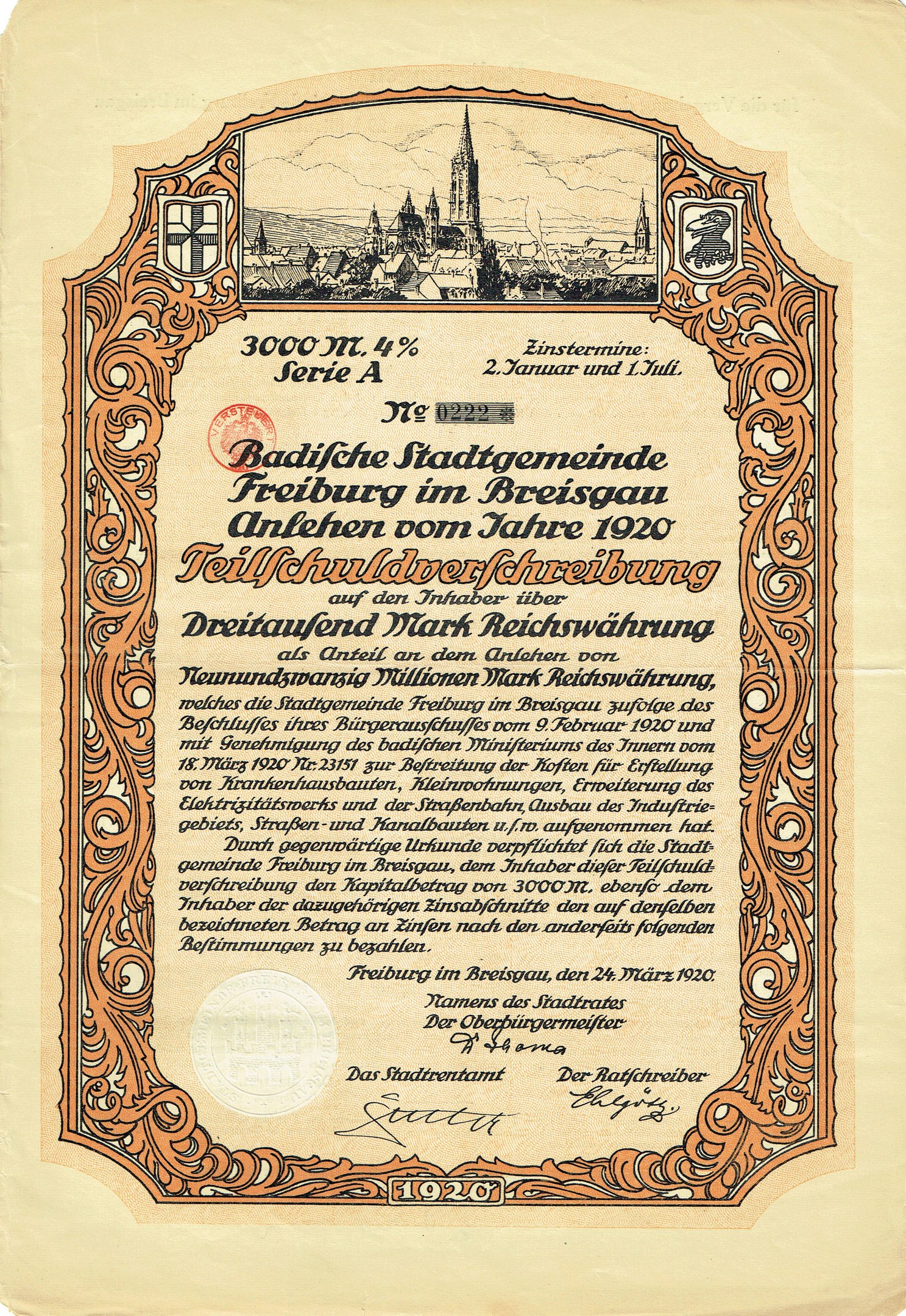 Alter deutscher Aktiencertifikat mit einer Stadtansicht und gedrucktem Text.