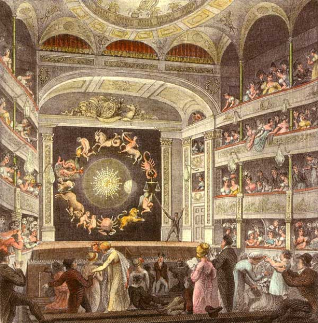 Ein Gemälde eines großen Auditoriums voller Menschen, einige stehen, einige sitzen auf dem Boden, mit Tierstatuen und detaillierten Deckenentwürfen, beschriftet mit 'The Theatre Royal, London, England'.