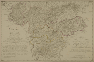 Ein detailliertes altes Stadtplan von Tirol, Deutschland, das Städte, Dörfer, geografische Merkmale und Text enthält, der Informationen über die Bevölkerung, Straßen und Sehenswürdigkeiten bereitstellt.