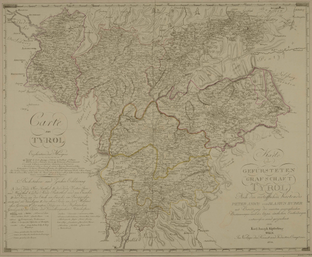 Ein detailliertes altes Stadtplan von Tirol, Deutschland, das Städte, Dörfer, geografische Merkmale und Text enthält, der Informationen über die Bevölkerung, Straßen und Sehenswürdigkeiten bereitstellt.