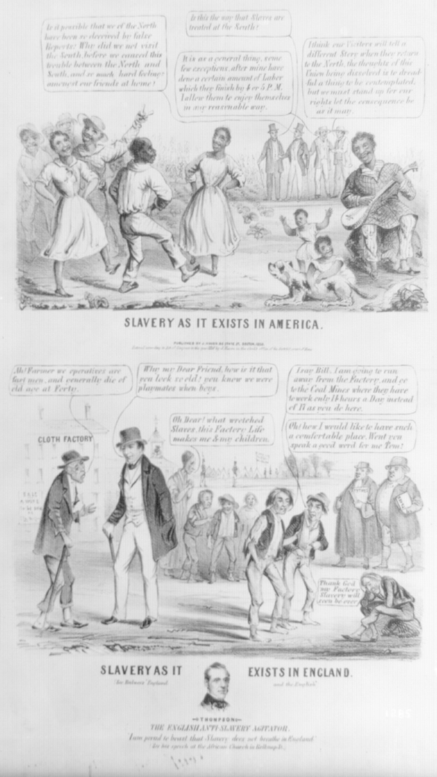 Ein Blatt mit Bildern von Menschen in verschiedenen Posen und Text, der die Sklaverei in Amerika beschreibt.