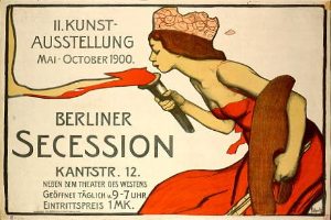 Plakat von 1900 Berlin Secession mit einer Frau in rotem Kleid, die ein Objekt hält, mit Text zu den Ereignisdetails.