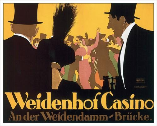 Ein Plakat für das Weidenhof Casino in Brücke, Deutschland, mit einer farbenfrohen Illustration von tanzenden und feiernden Menschen und der Aufschrift "Weidenhof" in fetter Schrift oben drauf, eingerahmt von einem schwarzen Rand.
